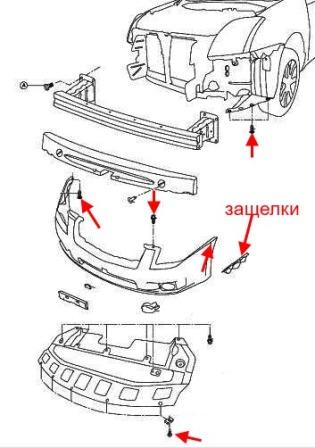 the scheme of fastening of the front bumper Nissan Sentra S16 (after 2006)